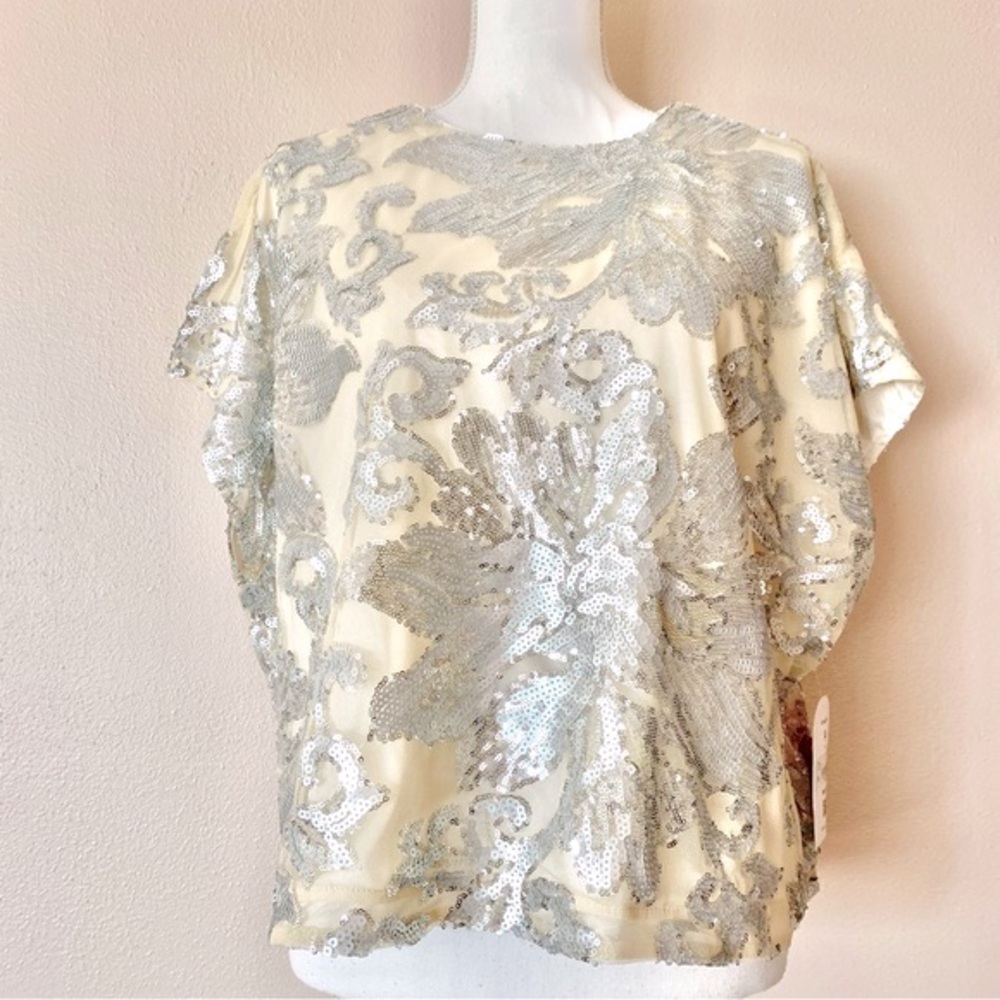 Árula Ivory & Silver Sequin Floral Embroidered Mesh Cropped Blouse.